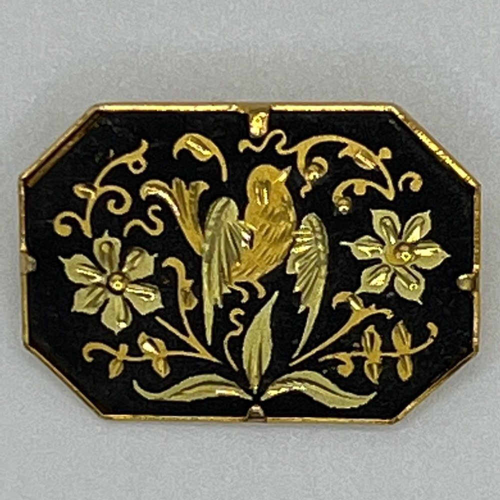DAMASCENE Vintage Gold and Black Bird and Flowers Brooch / Pin